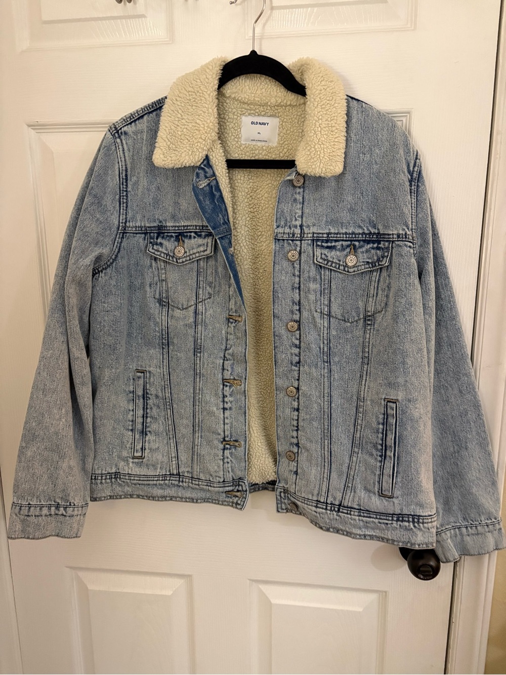 Old Navy Cream Sherpa-Lined Jacket with Light Denim Trim